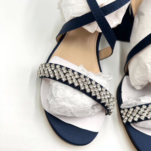 Nina Womens Size 6.5 Nora Navy Satin Jeweled Block‎ Heels Dress Sandals Shoes - Picture 4 of 13